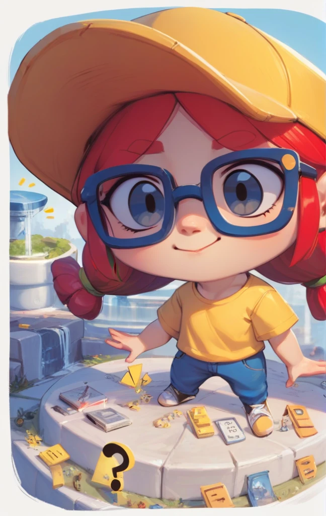 ,punctuation_9, punctuation_8_High above, punctuation_7_High above, fountain_アニメ , 1 girl ,Bsjessie , Red hair ,braids ,Yellow baseball cap , glasses , shirt Yellow , simple background , manga curta, High aboveper body ,cute , chibi smile