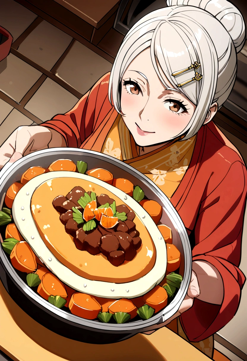 50 year old woman, white hair, bun with hairpin yellow, brown eyes, orange dress, red jacket, cook meal