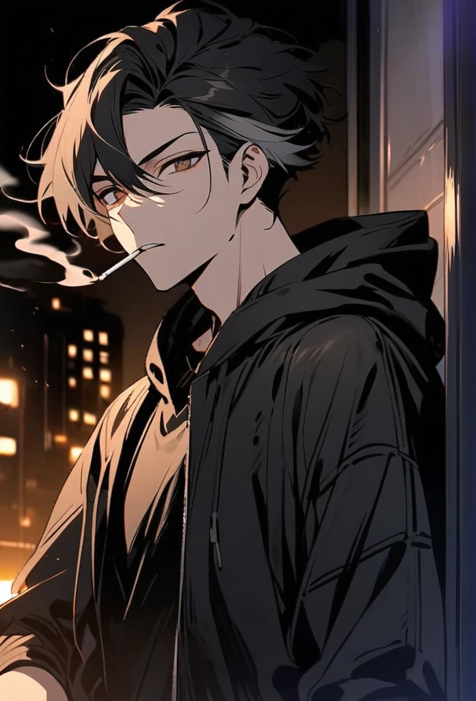 Handsome, solo, 1 male, black hair with smoke gray hairtips, brown eyes, black shirt, black and white hooded, smoking, night, black light