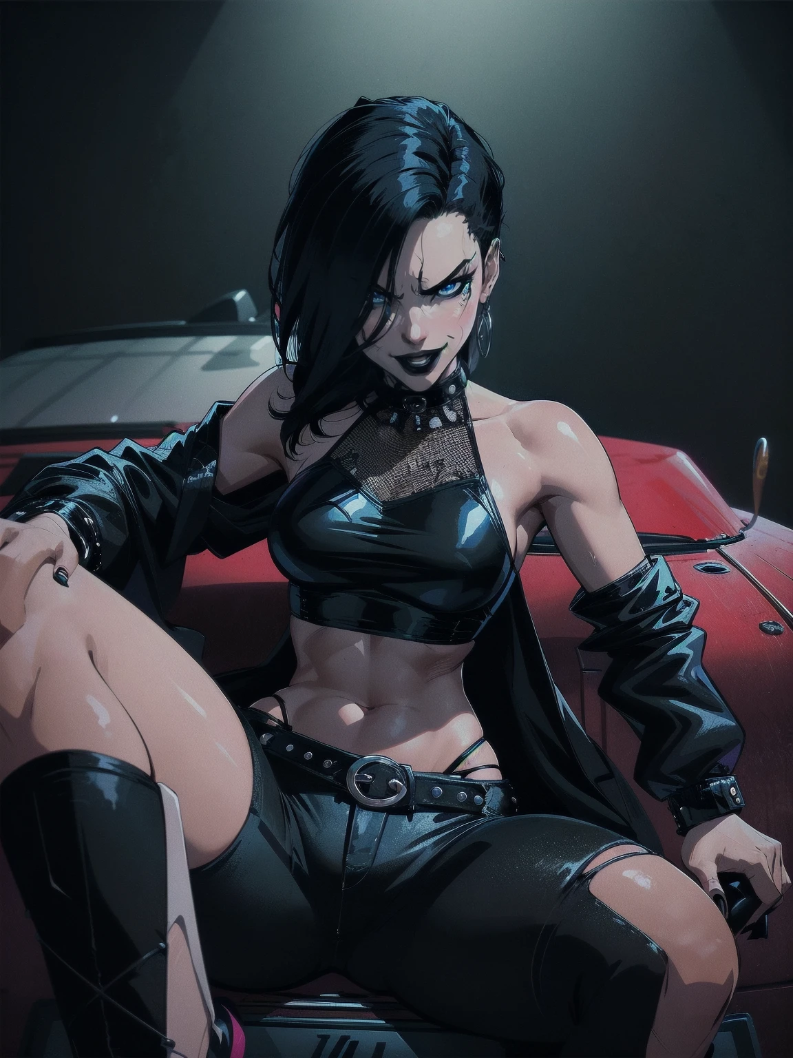 a woman with medium black hair, hair on shoulders,  wearing black pant, black jacket,  blue eyes, gothic art, cute aesthetic with vibe, toon aesthetic, wearing gothic accessories, look like Cassie Hack, upper body, angry clown smile,  sitting on the car, garage background, dinamic poses