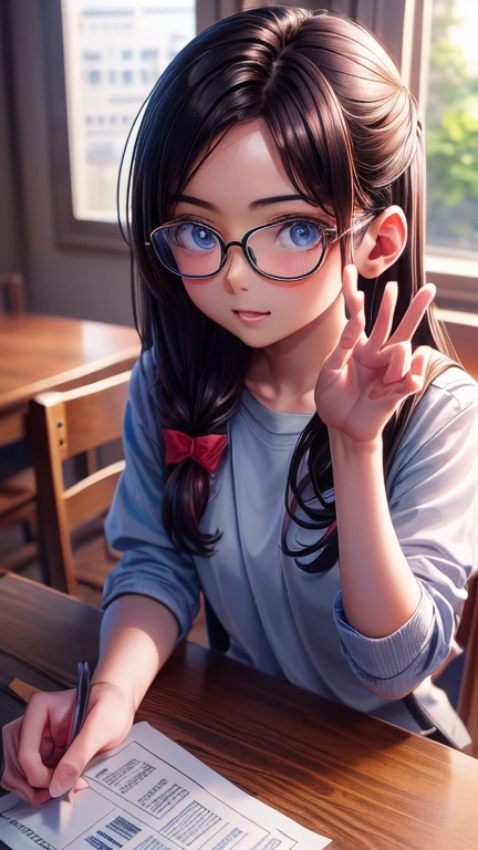 View your audience,Leaning forward,(Random cute clothes),(Random animation pose),(Thin type),(Large Breasts),(Random hairstyle),(Best image quality, (8K), Ultra-realistic, 最high quality, high quality, High resolution, high qualityの質感, Attention to detail, Beautiful details, Fine details, Extremely detailed CG, Detailed Texture, Realistic facial expressions, masterpiece, in front),(Wearing glasses:1.1)