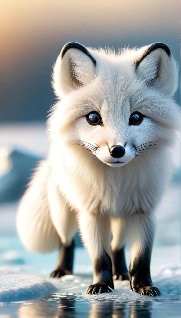 Digital artwork using liquid metal techniques，Depicting arctic fox on the run，where the texture of white gold flows and blends，Capture the reflection of sunlight，create a feeling
