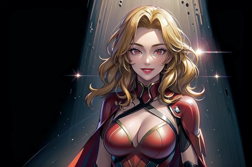 (masterpiece, best quality, ultra detailed, absurdres)1.5, 1girl, (sexy, beautiful woman, perfect face, perfect eyes, perfect female body)1.5, (, wavy hair, long hair, blonde hair, red eyes, mature female, , v-shaped eyebrows, red lips, extremely detailed clothes, smile, red elbow gloves, red thigh boots, red impossible clothes, red/black cape,very detailed, depth of fields。Create depth with atmospheric lighting,wide wide shot,detail,（Hyper-detailing）,（Complicated details）,（High resolution CGI artwork 8k),space, lens flare, mechas,AliciaViewstream,