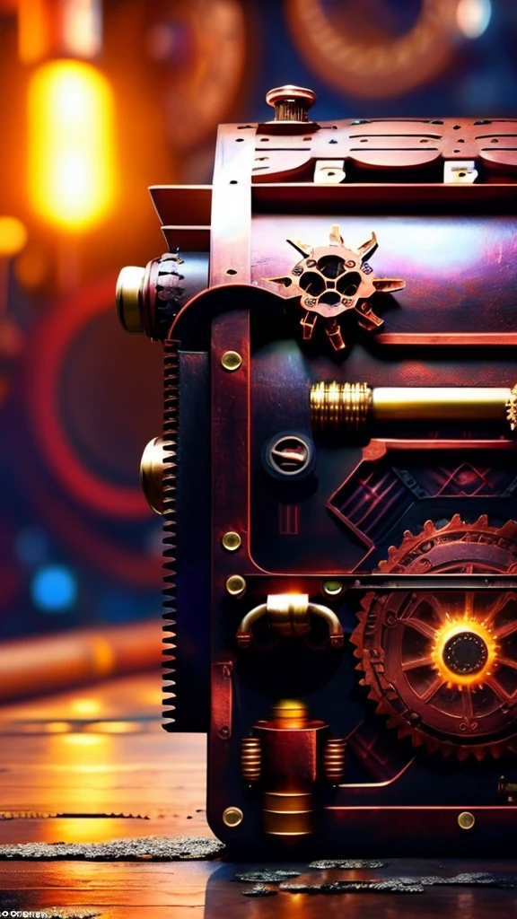 a mimic chest, intricate mechanical details, brass gears, copper pipes, glowing energy core, steampunk style, highly detailed, complex machinery, fantasy, cinematic lighting, dramatic shadows, warm color tones, masterpiece, photorealistic, 8k
