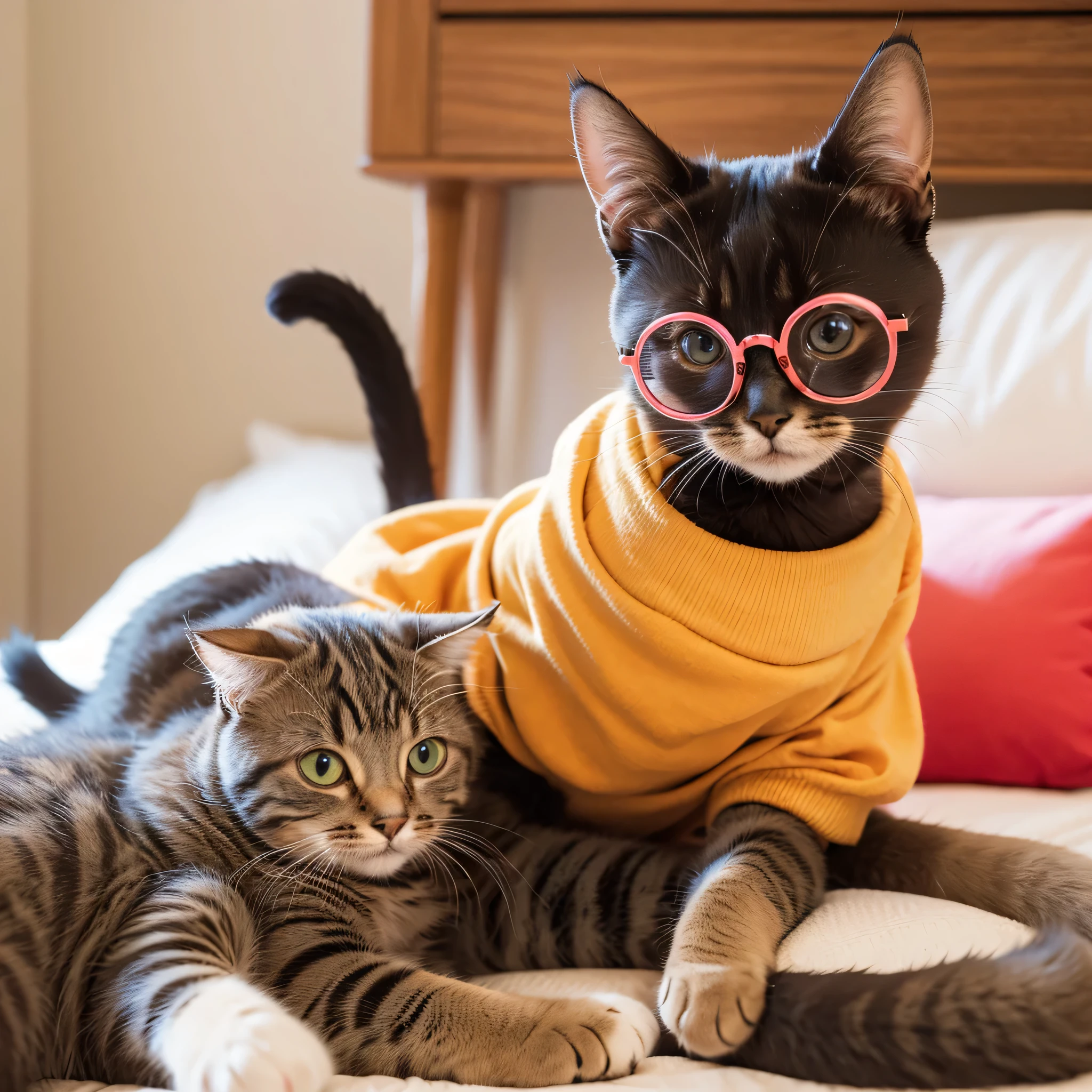 cat wearing round colored glasses, cute cat, funny pose, colorfull, only cat (no human)