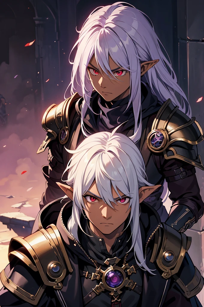 masterpiece, best quality, ultra high res, 1boy, (mix between dungeonpunk and steampunk armor), (wearing armor)fantasy illustration, dark skinned, human, upper body, portrait, red eyes, long white hair, Xemnas from Kingdom Hearts, half-drow, pointy ears, serious face, young man, dramatic lighting, purple hue, art by Kinema Citrus and Tetsuya Nomura