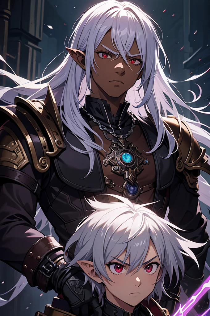 masterpiece, best quality, ultra high res, 1boy, (mix between dungeonpunk and steampunk armor), (wearing armor)fantasy illustration, dark skinned, human, upper body, portrait, red eyes, long white hair, Xemnas from Kingdom Hearts, half-drow, pointy ears, serious face, young man, dramatic lighting, purple hue, art by Kinema Citrus and Tetsuya Nomura