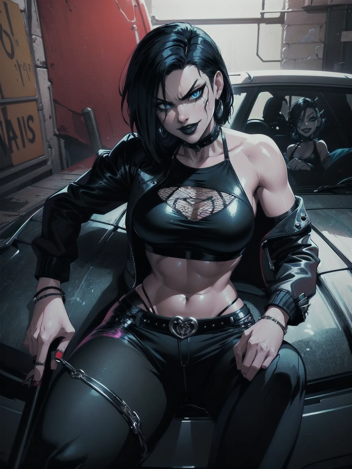 a woman with medium black hair, hair on shoulders, wearing black pant, black jacket, blue eyes, gothic art, cute aesthetic with vibe, toon aesthetic, wearing gothic accessories, look like Cassie Hack, upper body, angry clown smile, sitting on the car, garage background, dinamic poses