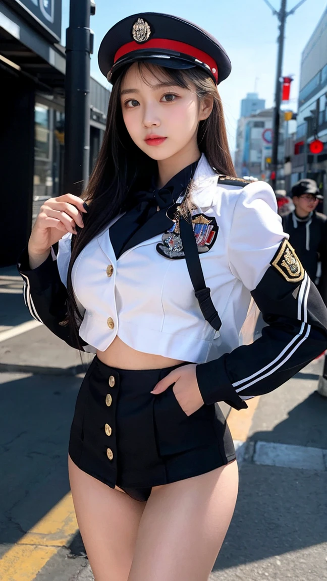 最high quality, masterpiece, 32k、Very detailed、Realistic、1 Girl, Japanese women、uniformのコスチューム、Futuristic sexy costume, uniform、Kpop idol music video costumes、アメリカ陸軍のuniform帽子、uniform、Class seal、uniformの帽子をかぶっている(military uniform hat), Cute face, (photo Actual:1.3),Edge lighting, (Skin with attention to detail:1.2), 8K超High resolution, Single-lens reflex camera, high quality, High resolution, 4K, 8K, Optimal ratio of four fingers to one thumb, (Actual:1.3), cute 1 Girl, Realistic、Super Realistic、32k、Very detailed、masterpiece, 最high quality, beautiful girl, beauty、Gorgeous girl, Big Breasts, Big Ass, Tight waist, Spread your legs, Plenty of facial detail, City of the Future, Very detailedな, High resolution, masterpiece, high quality, High resolution,