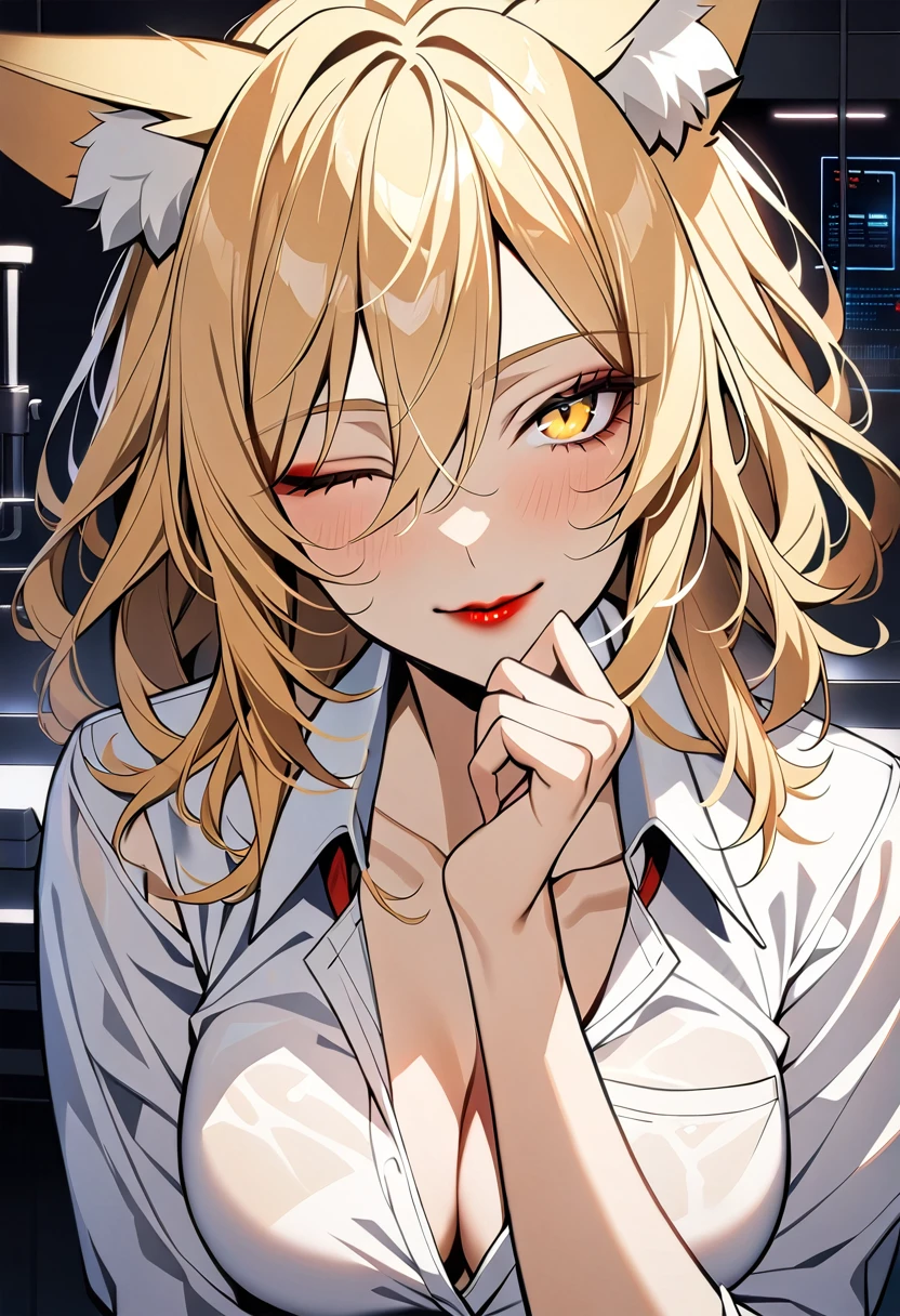 1woman, 30 years old,solo, medium hair,disheveled hair,messy hair,fox ears,blonde hair, yellow eyes, upper body, white shirt, red lipstick, breasts, looking at viewer, seductive smile, one eye closed, hand on own chin , laboratory, masterpiece, best quality