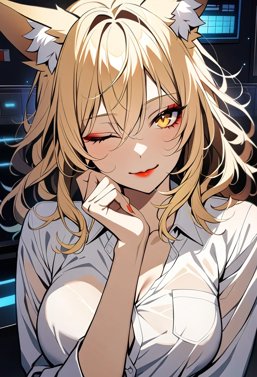 1woman, 30 years old,solo, medium hair,disheveled hair,messy hair,fox ears,blonde hair, yellow eyes, upper body, white shirt, red lipstick, breasts, looking at viewer, seductive smile, one eye closed, hand on own chin , laboratory, masterpiece, best quality