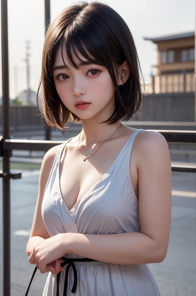 (1 nogizaka girl,raw photo,photo realistic:1.5),(best quality, high quality,HDR, highest quality,ultra high resolution,high resolution,high res,ultra high difinition,huge file size,8K,2K wallpaper,8K wallpaper,high quality texture,amazing,an extremely delicate:1.4),one girl, Japanese famous idol,beautiful face,small face,absurd,ridiculous,incredibly ridiculous,blurry background,(sundress,short hair,cleavage,no makeup:1.2),medium skin,beautiful skin,detailed skin,black hair,silky hair,detailed eyes,black eyes,Japanese nose,5-fingers,(Light Particles, Lens Flare, Luminous Particles: 0.7),looking at viewer,bright lighting,professional lighting,girl