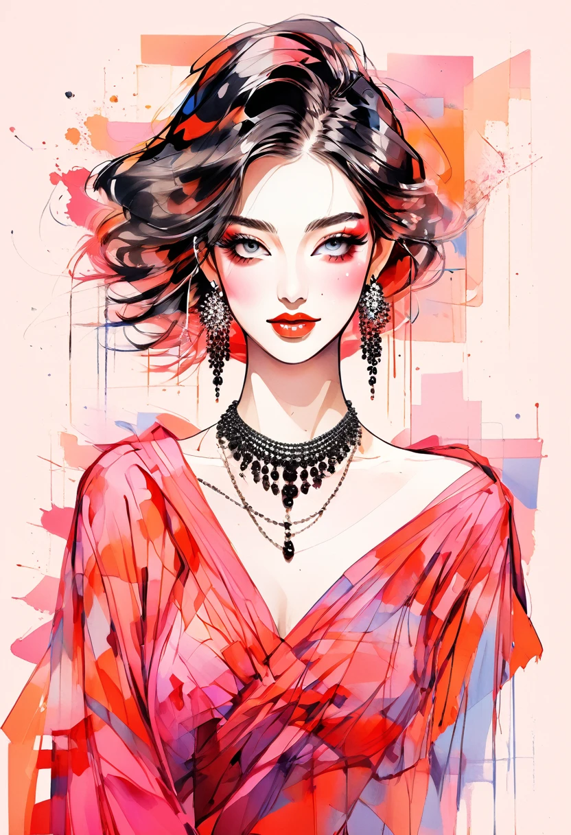 (Highest quality:0.8), (Highest quality:0.8), Perfect illustration,Beautiful woman portrait、One girl, bangs, Black nails, Blonde, , clavicle,  Earrings, Fashion G,  jewelry, looking at iniewer, , Manicure, necklace,  short hair,  sleeines past wrists, 一人in, Both sides up, Upper Body, in, Pop Background、Droopy eyes、summer、Pink gradient background、金色イブニングdress、Fancy masquerade mask、Celebrities、dress