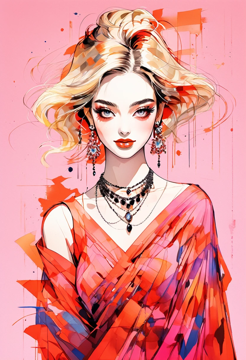 (Highest quality:0.8), (Highest quality:0.8), Perfect illustration,Beautiful woman portrait、One girl, bangs, Black nails, Blonde, , clavicle,  Earrings, Fashion G,  jewelry, looking at iniewer, , Manicure, necklace,  short hair,  sleeines past wrists, 一人in, Both sides up, Upper Body, in, Pop Background、Droopy eyes、summer、Pink gradient background、金色イブニングdress、Fancy masquerade mask、Celebrities、dress