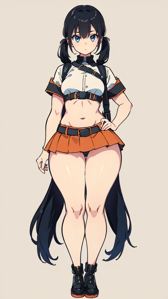 blank background, (((full body))), (masterpiece), ((best quality)), (very short girl), flat chest, short twintail, (wide hips:1.4), (thick thighs:1.4), (very short skirt), toeless footwear, belt below navel, fanny packs, bags