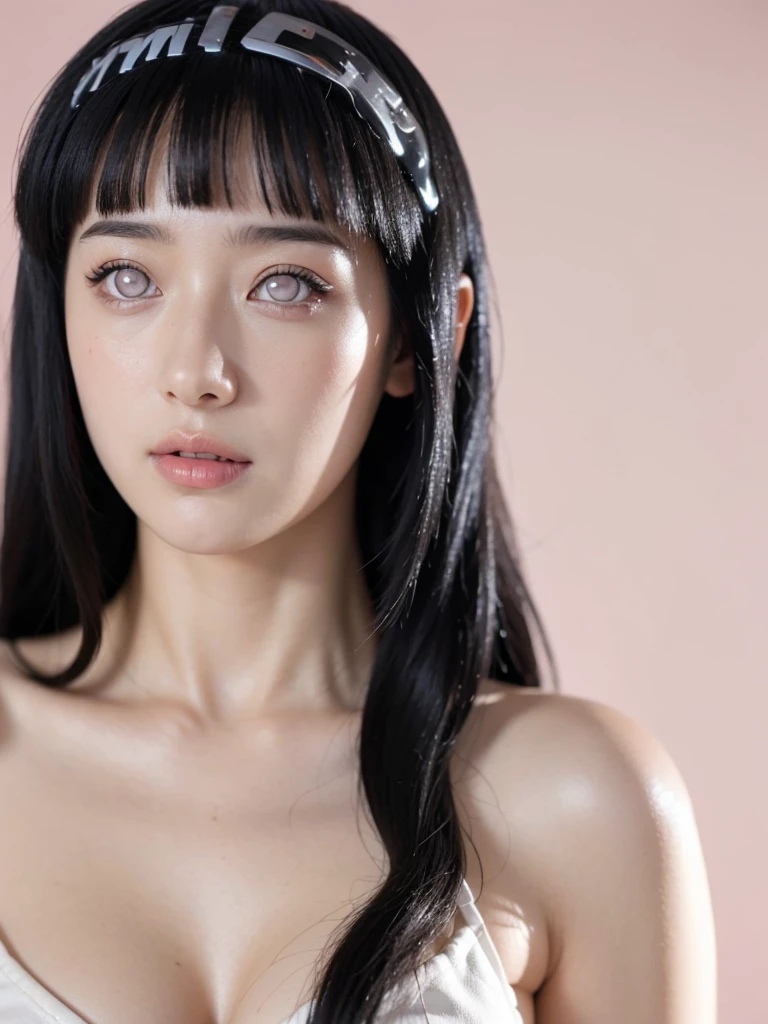 ((best quality)), ((masterpiece)), (detailed), perfect face, face shoot, dynamic lighting, ((hinata uzumaki)), (((pink long hair)), ahegao face, orgasme face, studio black background, beautiful make up,