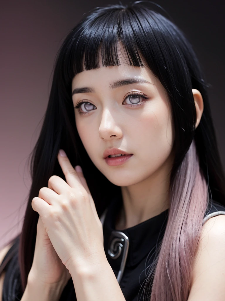 ((best quality)), ((masterpiece)), (detailed), perfect face, face shoot, dynamic lighting, ((hinata uzumaki)), (((pink long hair)), face, orgasme face, studio black background, beautiful make up,