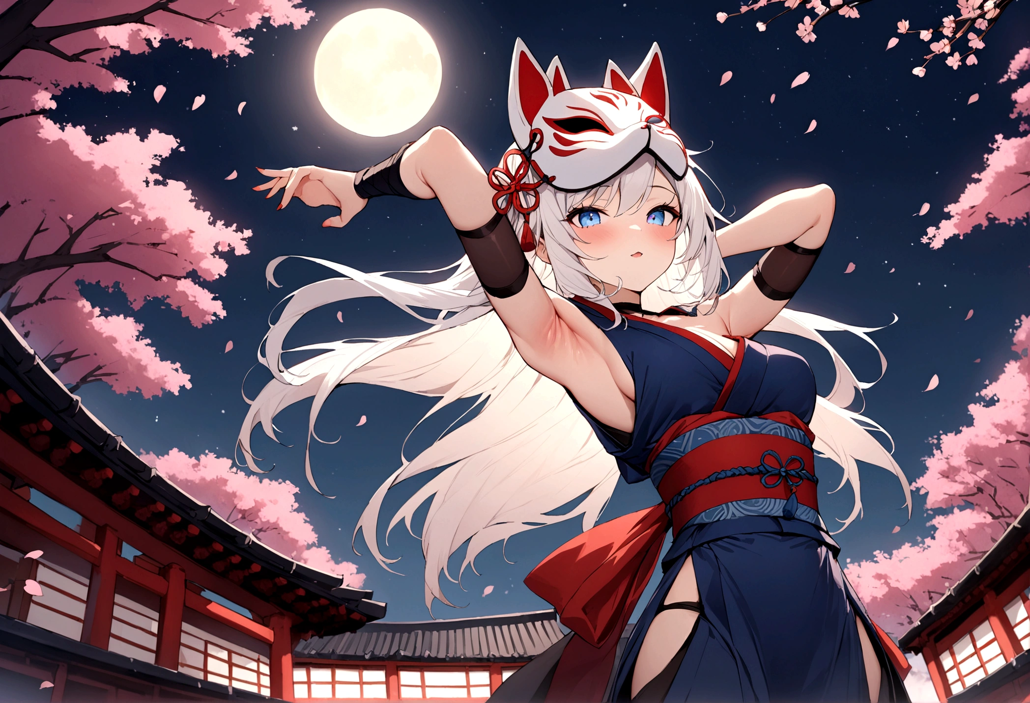 Exposed armpits and chest、Climbing a cherry tree、(masterpiece, best quality:1.2), 1girl, 独奏,Wolf girl, fox mask, ninja, girl, long white hair, odd eyes, blue kimono, ninja girl, red and blue scarf,Dancing Cherry Blossoms,Full moon backlighting, light coming in, fantastic atmosphere.night、Shadows of light and darkness、Eyes glowing in the dark、Black fox mask、Fisheye Lens、Expansive starry sky、long hair that spreads、Overlooking the city from atop a large cherry tree、Aside exposure、Black fox mask