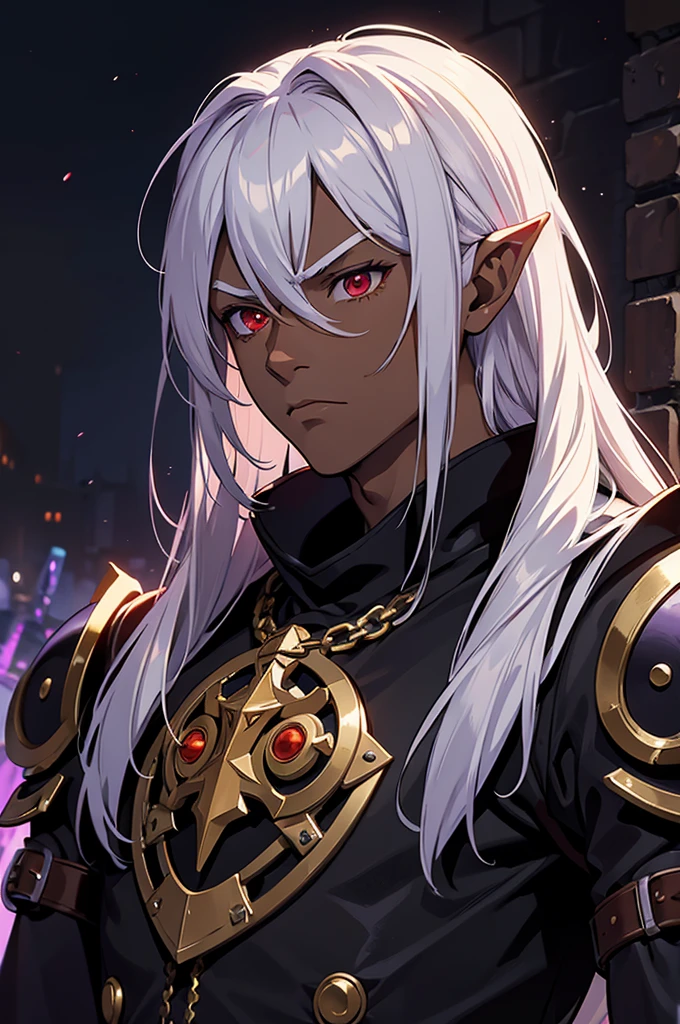 masterpiece, best quality, ultra high res, 1boy, (mix between dungeonpunk and steampunk armor), (wearing armor)fantasy illustration, dark skinned, human, upper body, portrait, red eyes, long white hair, Xemnas from Kingdom Hearts, half-drow, pointy ears, serious face, young man, dramatic lighting, purple hue, art by Kinema Citrus and Tetsuya Nomura