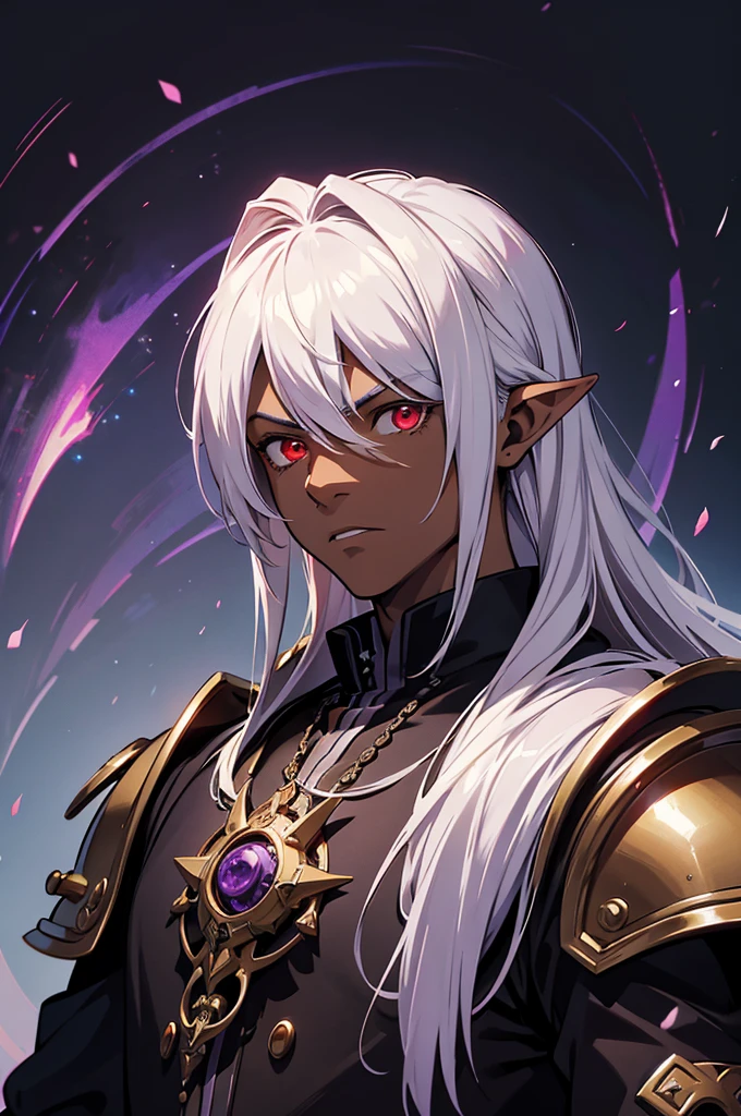 masterpiece, best quality, ultra high res, 1boy, (mix between dungeonpunk and steampunk armor), (wearing armor)fantasy illustration, dark skinned, human, upper body, portrait, red eyes, long white hair, Xemnas from Kingdom Hearts, half-drow, pointy ears, serious face, young man, dramatic lighting, purple hue, art by Kinema Citrus and Tetsuya Nomura