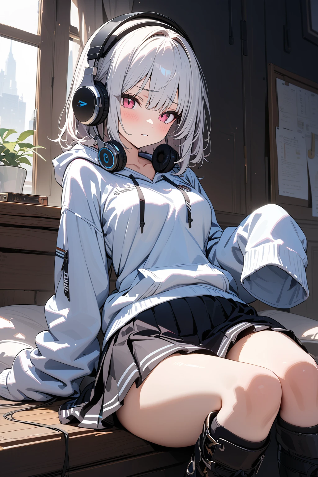 (masterpiece, best quality:1.5), (ultra detailed, high resolution, 8k, beautiful detailed, UHD, best anatomy), 1 cute girl, white hair, medium breasts, sleeves past fingers, Flared skirt, boots, blank expression, headphone, Hoodie