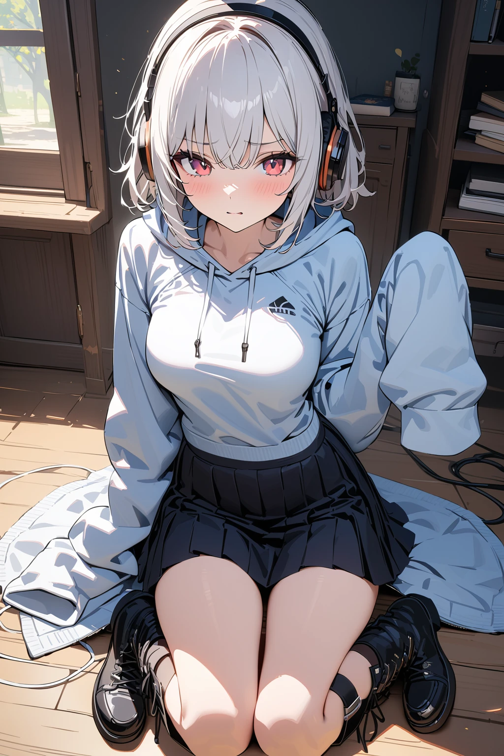 Ultra-high image quality,Look at viewers, hands behind back, girl with, 20 years old, Very short hair, long bangs between eyes, blue eyess,Black eyes, Hoodie, Skirt , Extremely detailed,(​masterpiece、top-quality),White hair、A smile、Fantastical, Silver hair,,  Hoodie, White hoodie,a black skirt,Hair is short,White jacket, Casual style,Open jacket, , facing front、open open mouth、5 fingers、sit a chair、Dining at the café、having a ice cream、collarbone visible