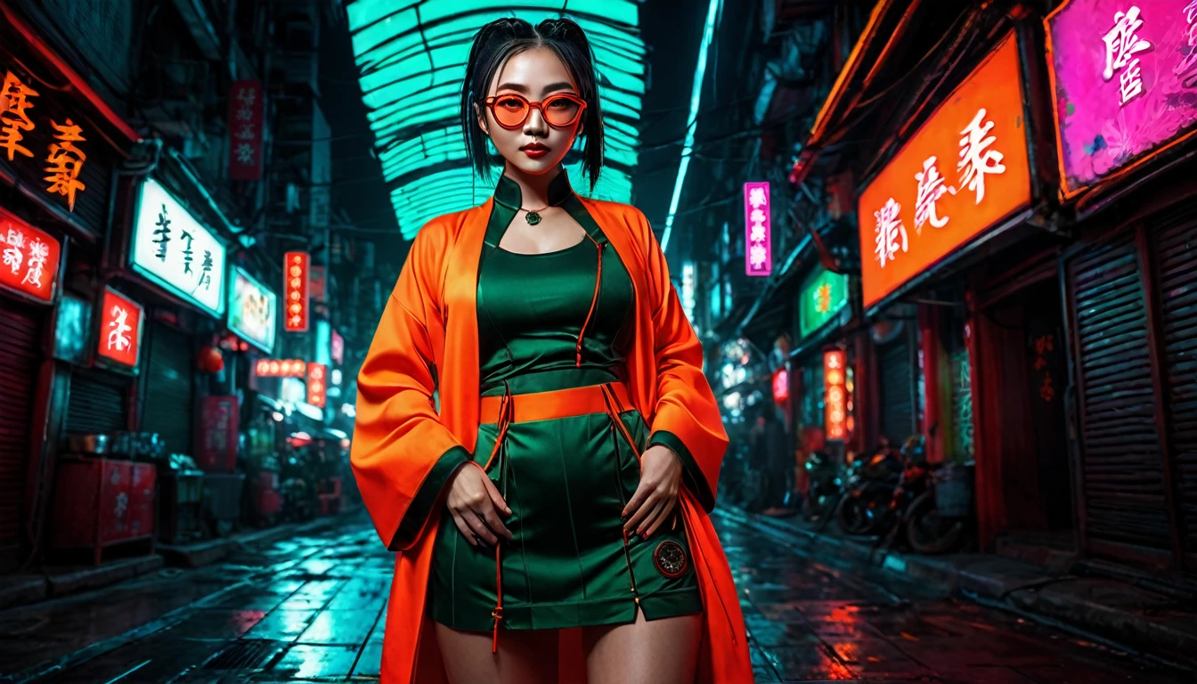 Dark night cyberpunk background,Neon,Full body shot,Orange red and dark green national trend style,woman,Chinese clothing,手持Neon,With round black glasses,Facial perfection,Detailed wide-angle shot,High Definition Rendering