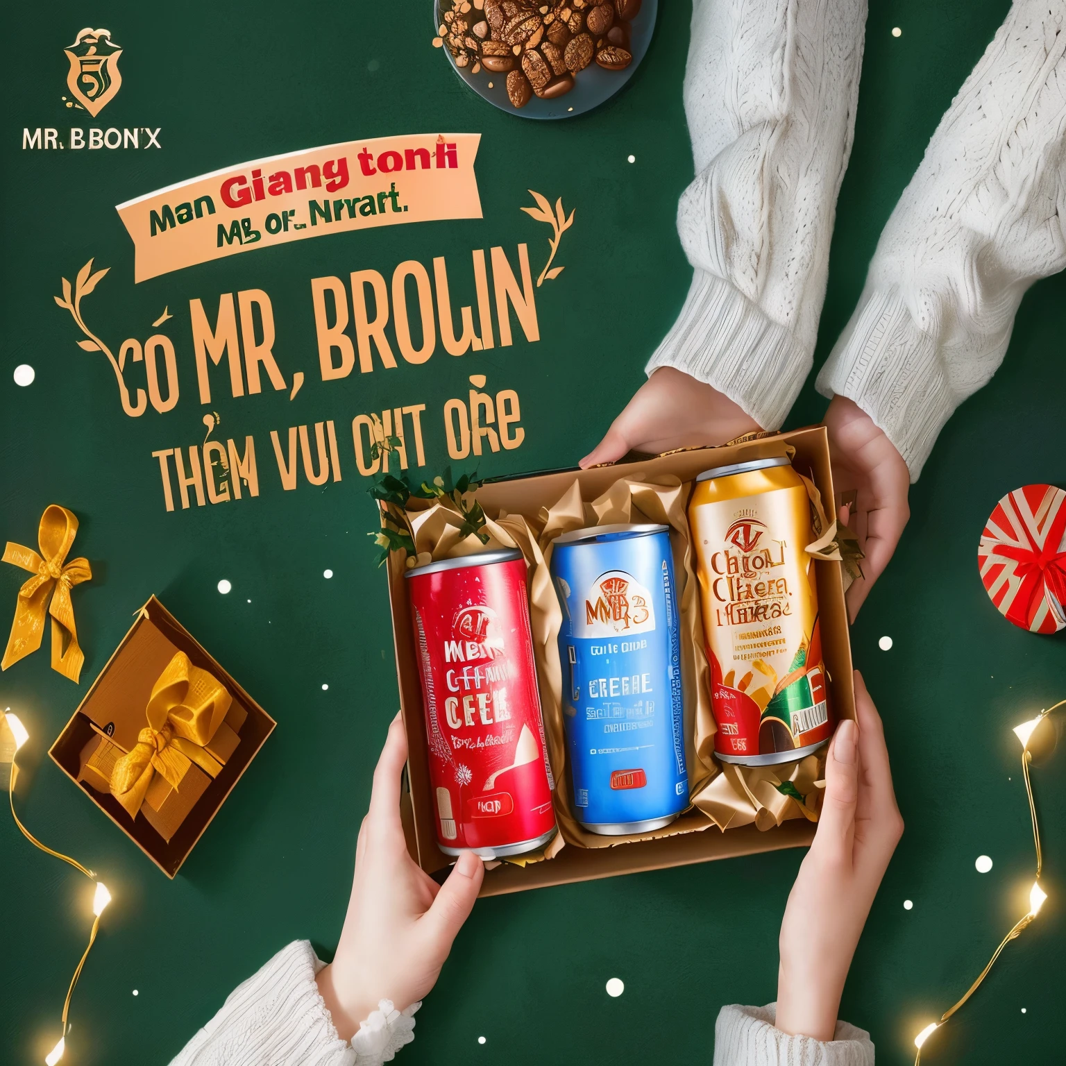 There is a gift box with 3 cans of clear coffee given away, with a dynamic background, modern images, natural colors. Coffee introduction topic Mr. brow. brow