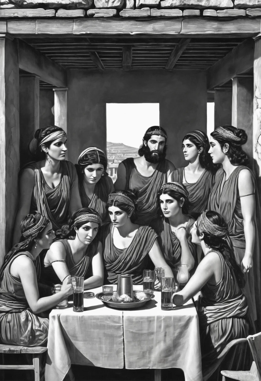 a black and white drawing, A group of people drinking alcohol around a table at a inn, The youthful muscles have turned to fat, the bronzed flesh to paunches. The men are balding or greying, and the women's dimples have turned to wrinkles. From what they say, you learn that the city has ignored them. None of them received a hero's welcome and One of the youths has been stoned. Now they have sunk into sullen reminiscences about glorious days long ago; seven and a half years after coming home, the six surviving youths and five maidens of Athens are still fighting the darkness of Knossos.{{{{{monochrome}}}}}