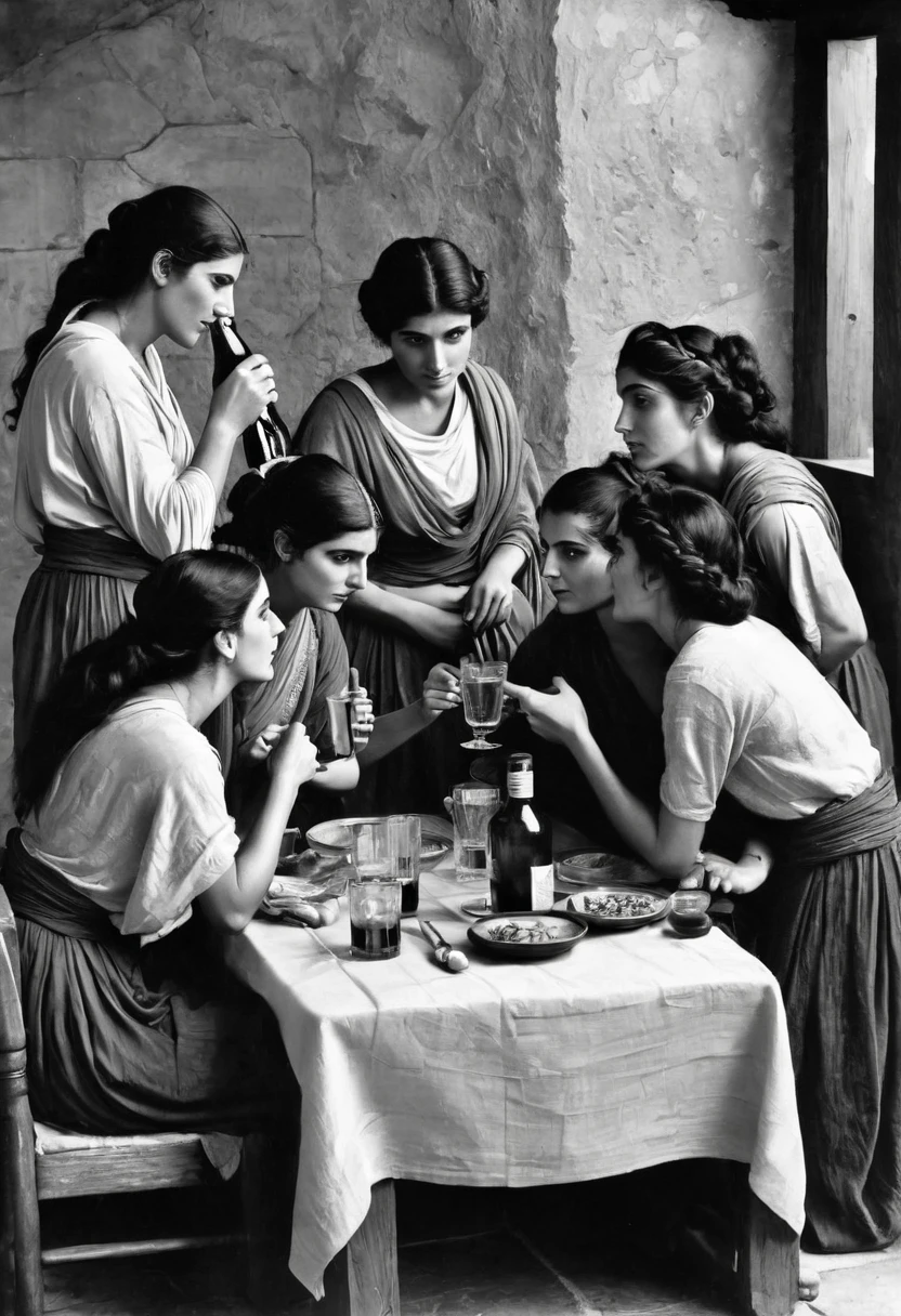 a black and white drawing, A group of people drinking alcohol around a table at a inn, The youthful muscles have turned to fat, the bronzed flesh to paunches. The men are balding or greying, and the women's dimples have turned to wrinkles. From what they say, you learn that the city has ignored them. None of them received a hero's welcome and One of the youths has been stoned. Now they have sunk into sullen reminiscences about glorious days long ago; seven and a half years after coming home, the six surviving youths and five maidens of Athens are still fighting the darkness of Knossos.{{{{{monochrome}}}}}