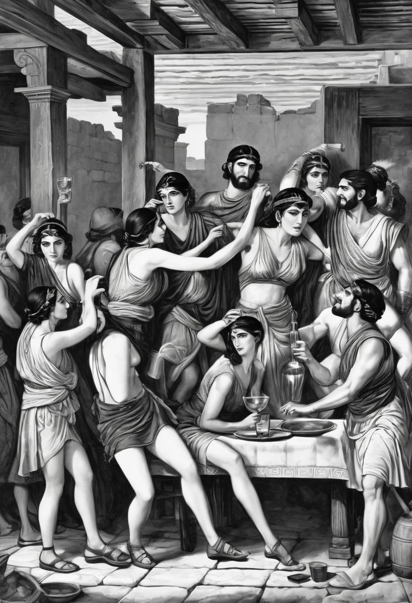 a black and white drawing, A group of people drinking alcohol around a table at a inn, The youthful muscles have turned to fat, the bronzed flesh to paunches. The men are balding or greying, and the women's dimples have turned to wrinkles. From what they say, you learn that the city has ignored them. None of them received a hero's welcome and One of the youths has been stoned. Now they have sunk into sullen reminiscences about glorious days long ago; seven and a half years after coming home, the six surviving youths and five maidens of Athens are still fighting the darkness of Knossos.{{{{{monochrome}}}}}