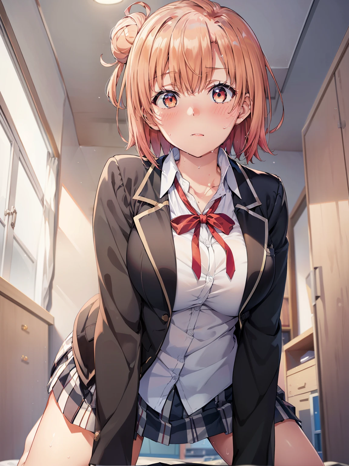 ((Highest quality, High resolution,  Perfect Pixel,  4K)),  (Beautiful Anime Girls), Depth of written boundary、


Yuigahama Yui,  (Big Breasts:1.3)、
short hair, Single hair bun, Neck ribbon, White shirt, Dress shirt, blazer, Black jacket, Open jacket, Long sleeve, Checked skirt,  
Sweat、blush、
indoor、
ass pov, straddling, 