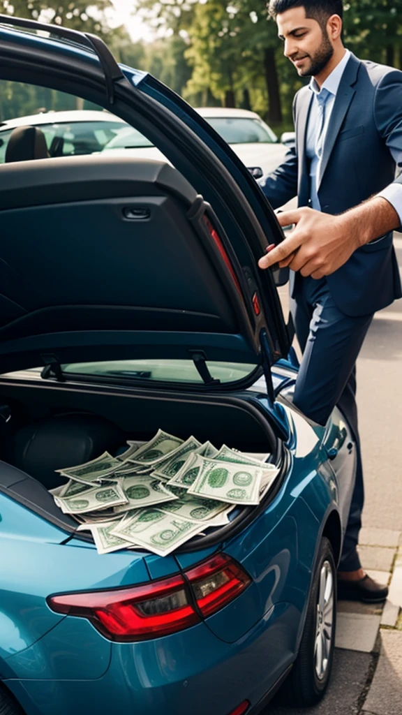 An outside image of a man loading money to the back of a car