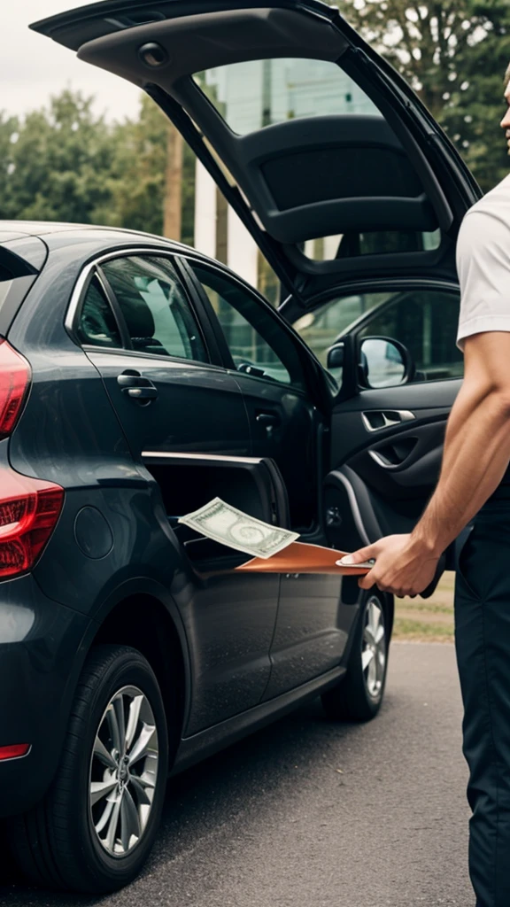 An outside image of a man loading money to the back of a car