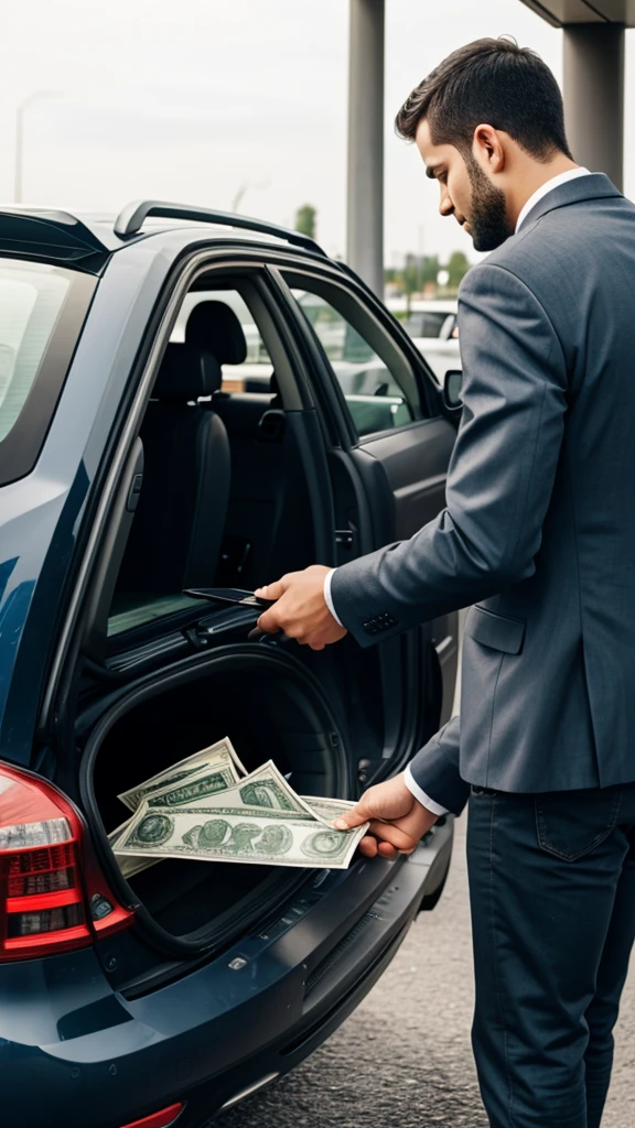 An outside image of a man loading money to the back of a car