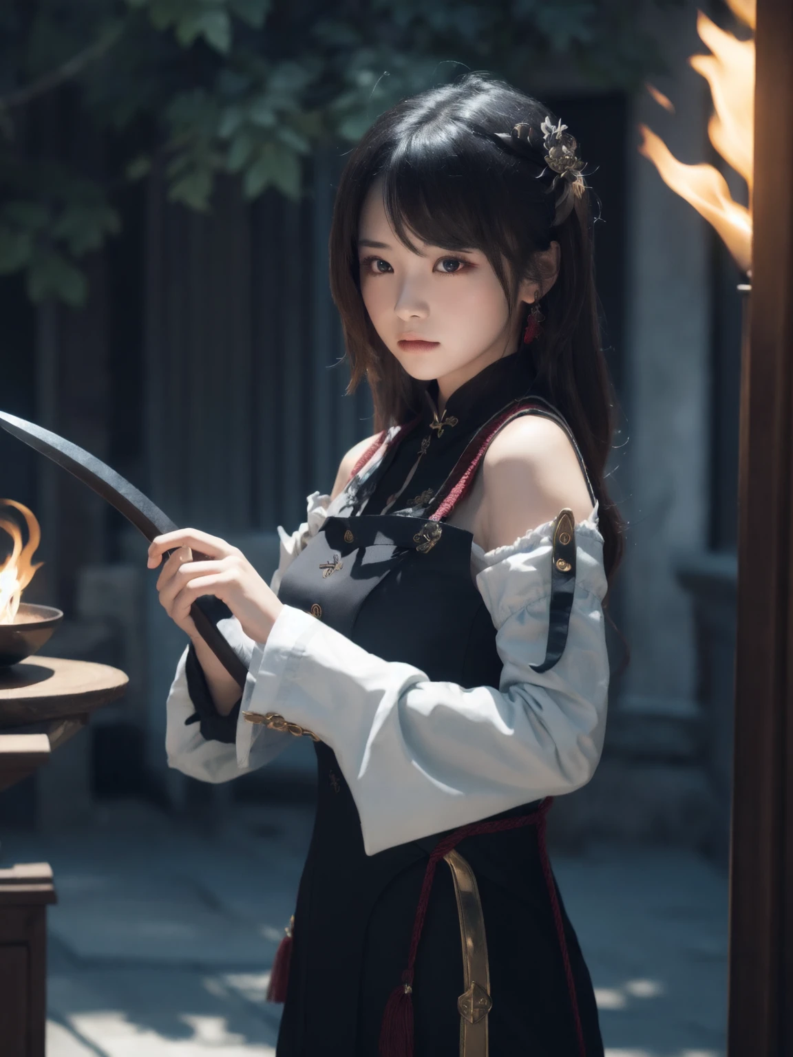 A girl, holding a black sickle decorated with Japanese symbols meaning death, a black flame coming out of the decoration, the edges of the sickle come out of it black winds with ghosts of skulls, the best Judy for the face and sickle The girl is wearing appropriate clothes of sickle steel, the girl's hair is black, the man is the embodiment of the shinigami, (the background of the CG 8k module is very detailed) (best quality), (best illustration), (best shades), very detailed t --v6
