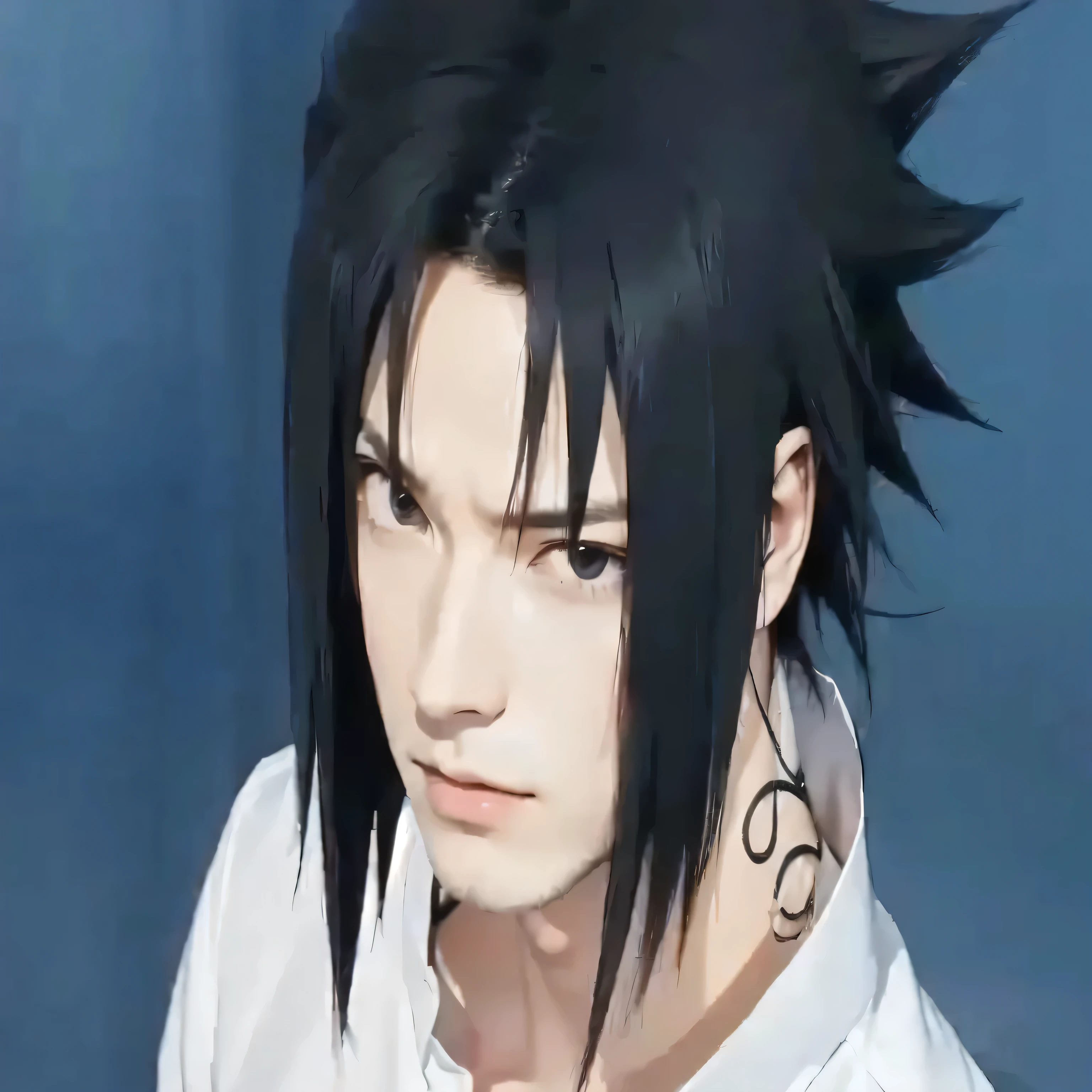 a close up of a person with black hair and a white shirt, sasuke uchiha