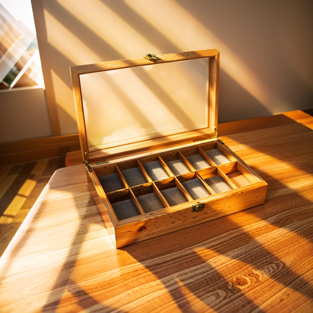 In this cozy room，A ray of sunlight shone through the half-drawn curtains on the table，Let the wood grain on the watch storage box shine with a faint luster。There was a calm and peaceful atmosphere in the air around them。There are several still lifes hanging on the walls of the room，It adds a touch of elegance to the space。And on the other side of the room，The half-open window lets in the breeze，The pages on the small desk by the window turned in the wind，This quiet scene gives a sense of tranquility and comfort。


