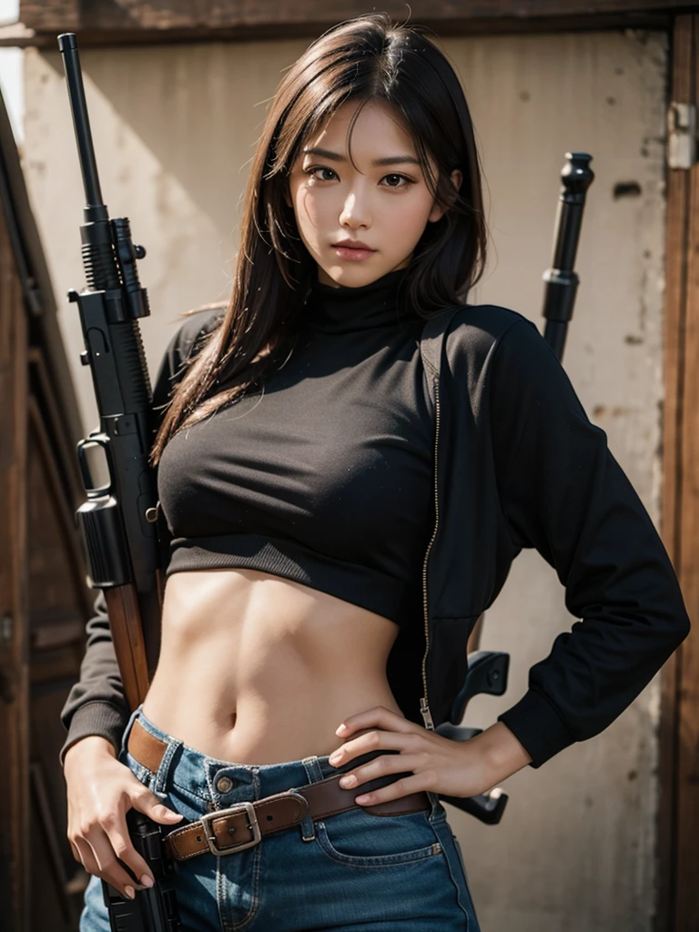 Mercenary, gun in hand, very beautiful face, shot to the hip,