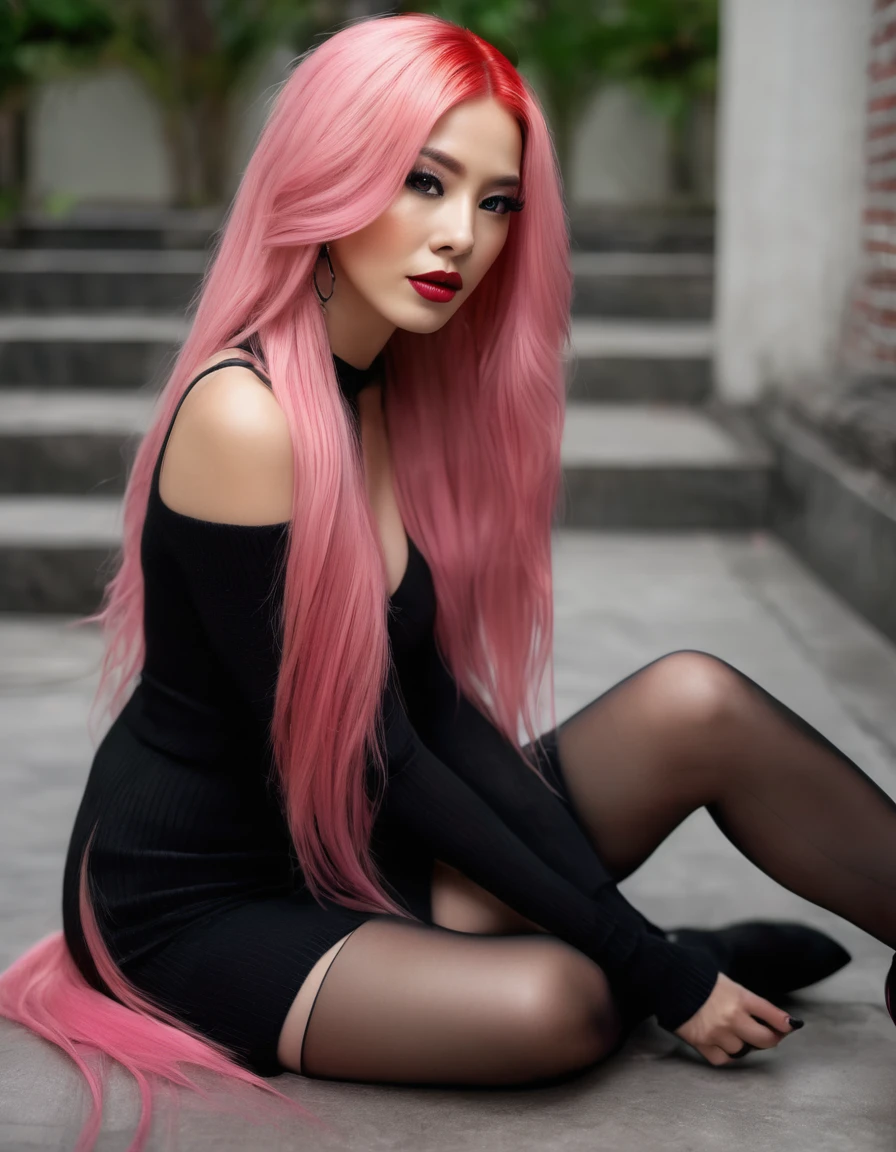 (beautiful woman with long pink hair) ,black color RealPantyhose,best quality,((((masterpiece)))),((((highly detailed)))),[[[realistic art]]],((full body)),wide shot,ultra highres,makeup,fundoshi, eyeshadow,long_eyelashes,red_lips_,1girl,. 35mm photograph,film,bokeh, professional,4k,highly detailed,seductive posture,intimate actions,high heel boots,u-neck knit,black dress,sitting,