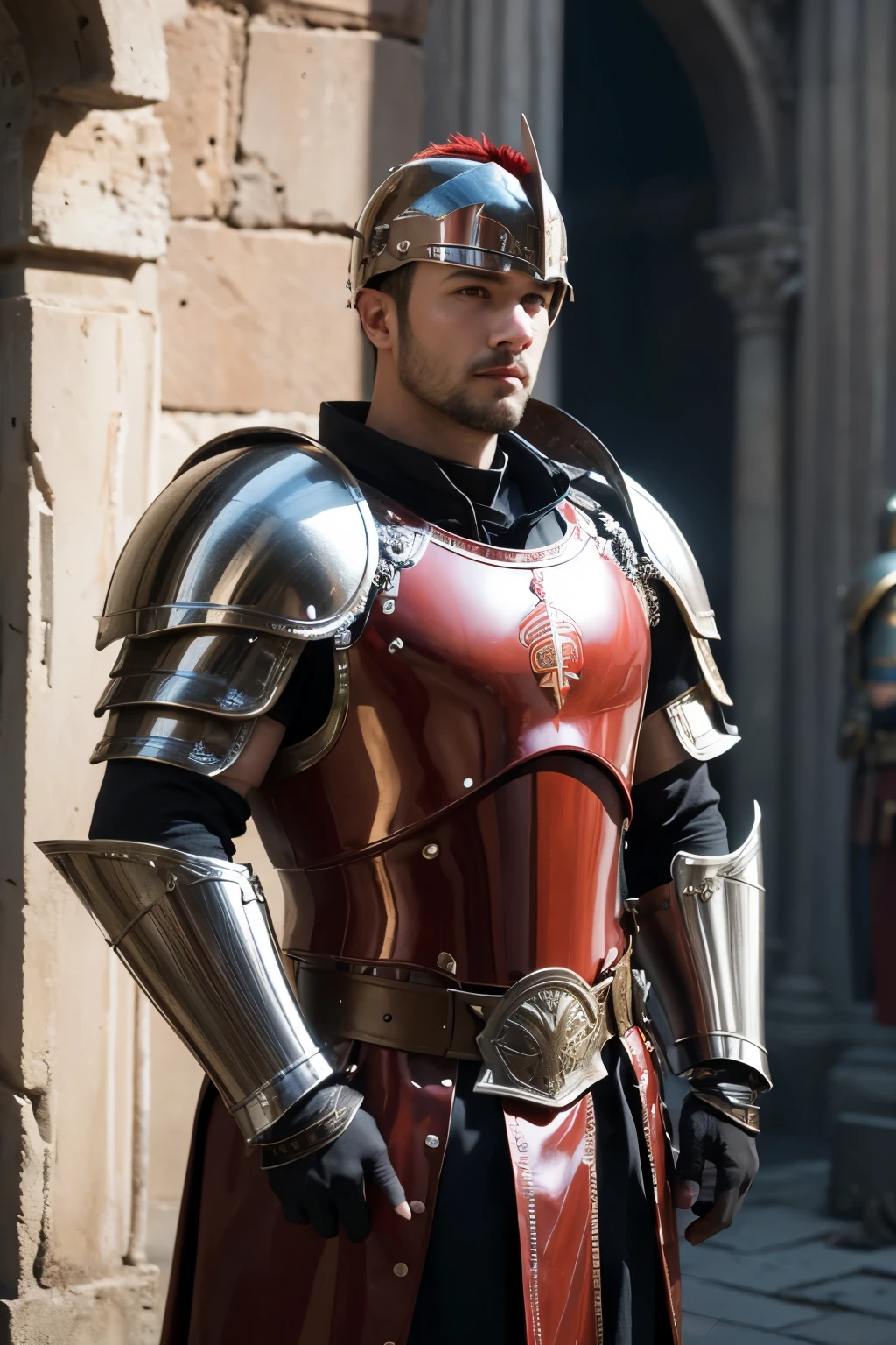 arafed full boy a strong man in armor with a red mohawk stands in a courtyard, roman centurion, ares with heavy armor and sword, realistic face, realistic eyes, realistic mouth, roman legionnaire, dressed in roman armour, dressed in spartan armour, maximus jacobs, traditional roman armor, roman armor, in thick full bronze armour, unreal engine 5 4 k uhd image, spartan, roman, unreal engine 5 quality,  vivids, UHD, 8k
