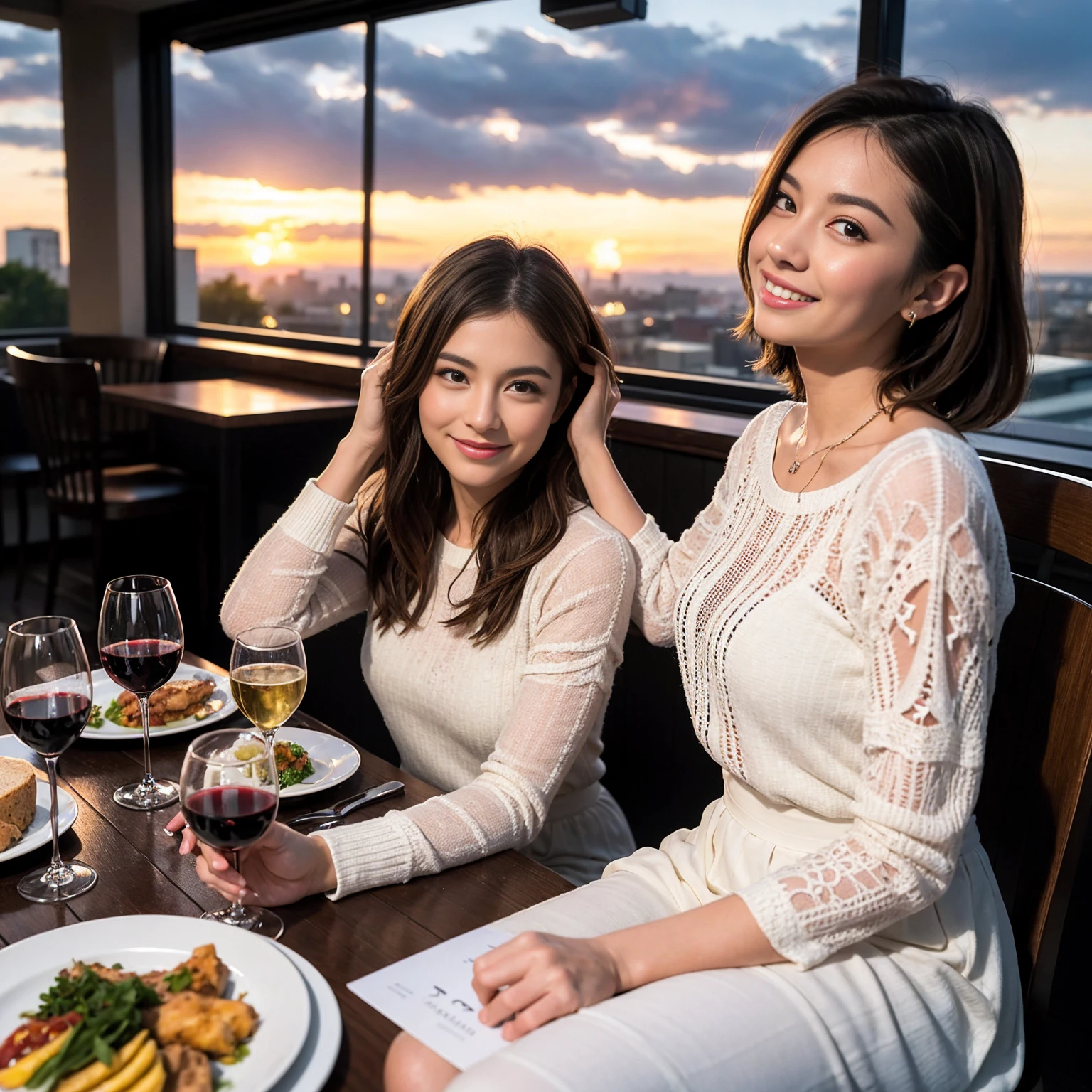 ((Highest quality、、masterpiece:1.3))、1 male、1 female、spouse、Beautiful couple、smile、full-course dinner、 (Slim face), (the body is スリム), (Brown Hair), (Shortcuts), ((Bob Hale、Straight hair:1.2)), テーブルの上のwine glass、Put the light on your face、 Amazing view of the sunset sky and clouds、smileの美しさ、Bright image、Blushing, Shortcuts, (43 years old), 39 years old, Appetizers、Italian food、Wine bottle、Champagne、sparkling wine、Long sleeve shirt、dress、Attractive beauty、restaurant, Nova Frog Style, actress, model, Upper Body, White wine, red wine, wine glass,