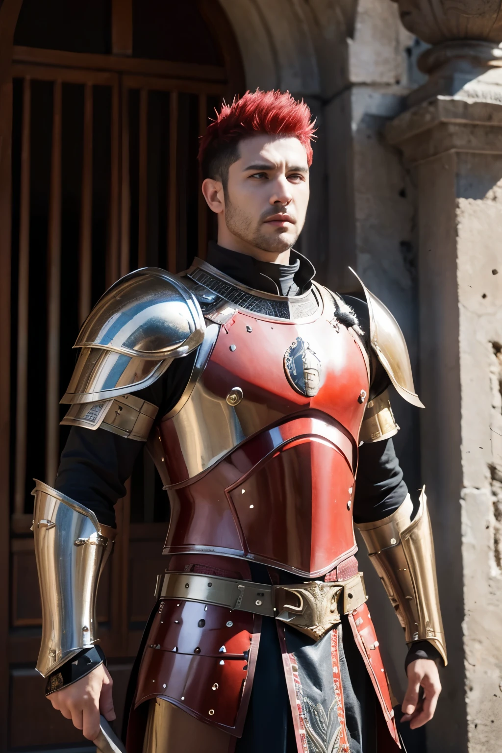 arafed full boy a strong man in armor with a red mohawk stands in a courtyard, roman centurion, ares with heavy armor and sword, realistic face, realistic eyes, realistic mouth, roman legionnaire, dressed in roman armour, dressed in spartan armour, maximus jacobs, traditional roman armor, roman armor, in thick full bronze armour, unreal engine 5 4 k uhd image, spartan, roman, unreal engine 5 quality, vivids, UHD, 8k