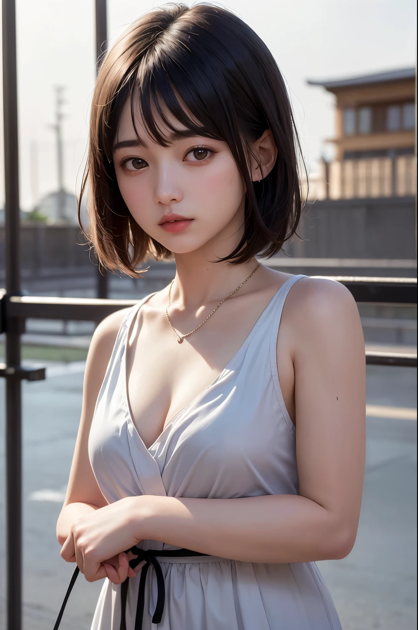 (1 nogizaka girl,raw photo,photo realistic:1.5),(best quality, high quality,HDR, highest quality,ultra high resolution,high resolution,high res,ultra high difinition,huge file size,8K,2K wallpaper,8K wallpaper,high quality texture,amazing,an extremely delicate:1.4),one girl, Japanese famous idol,beautiful face,small face,absurd,ridiculous,incredibly ridiculous,blurry background,(sundress,short hair,cleavage,no makeup:1.2),medium skin,beautiful skin,detailed skin,black hair,silky hair,detailed eyes,black eyes,Japanese nose,5-fingers,(Light Particles, Lens Flare, Luminous Particles: 0.7),looking at viewer,bright lighting,professional lighting,girl