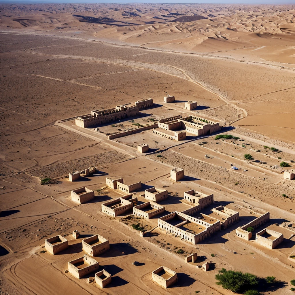 A DSLR aerial photograph of Tunisian desert village at mid day