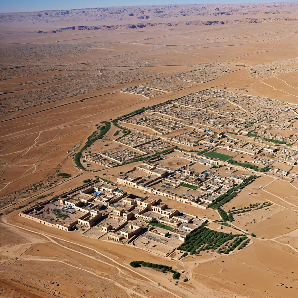 A DSLR aerial photograph of Tunisian desert village at mid day