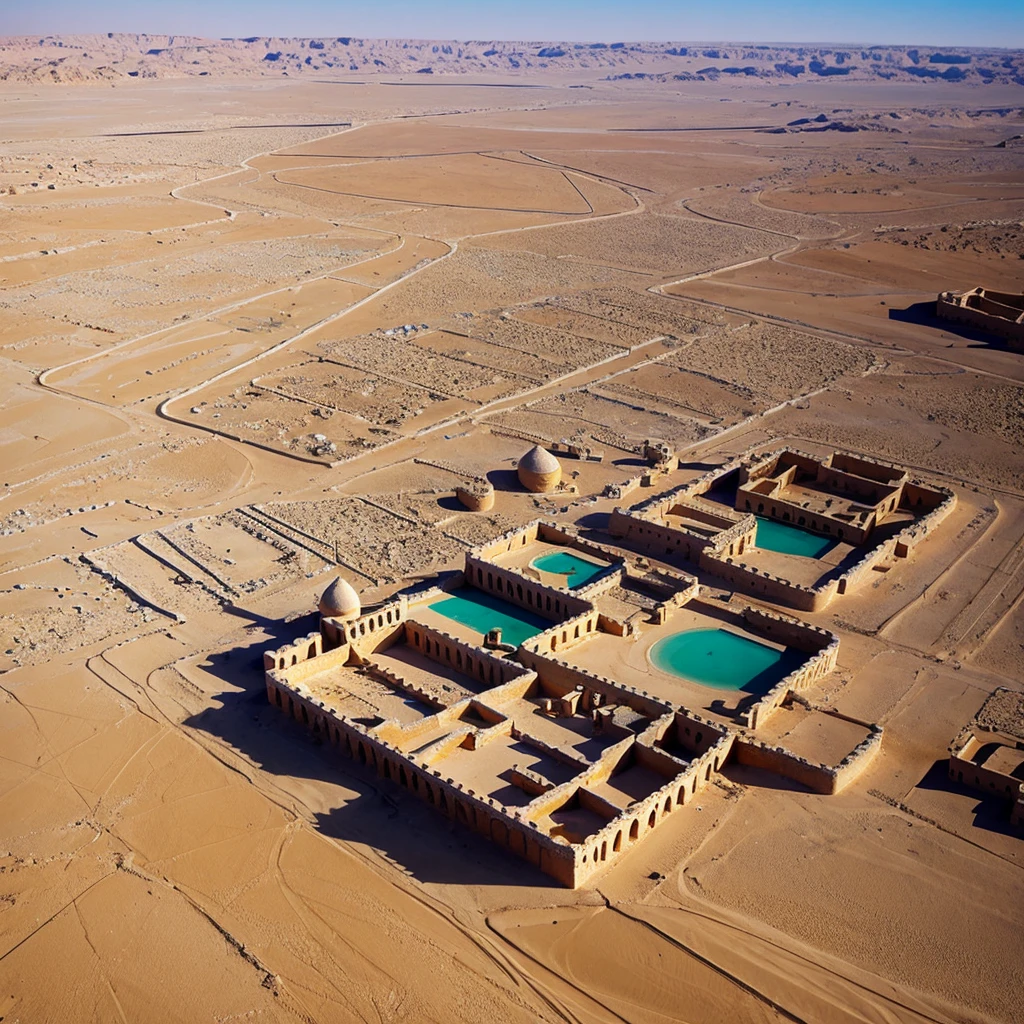 A DSLR aerial photograph of Tunisian desert village at mid day