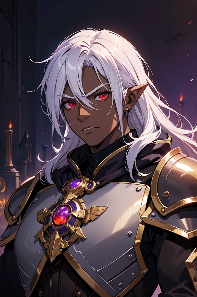 masterpiece, best quality, ultra high res, 1boy, (mix between dungeonpunk and steampunk armor), (wearing armor)fantasy illustration, dark skinned, human, upper body, portrait, red eyes, long white hair, Xemnas from Kingdom Hearts, half-drow, pointy ears, serious face, young man, dramatic lighting, purple hue, art by Kinema Citrus
