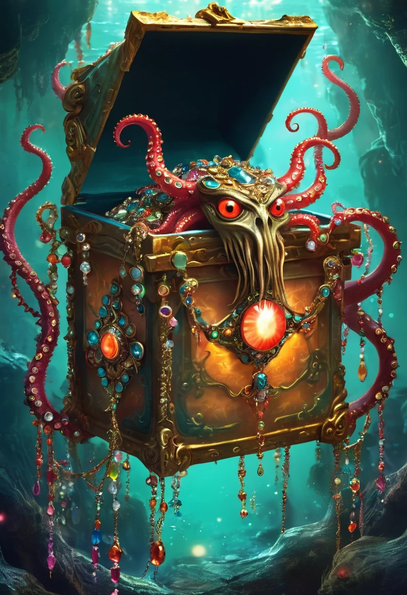 Strange box monster full of jewels - one eye - sharp teeth - ugly,Long tentacles,Scattered jewelry,greedy