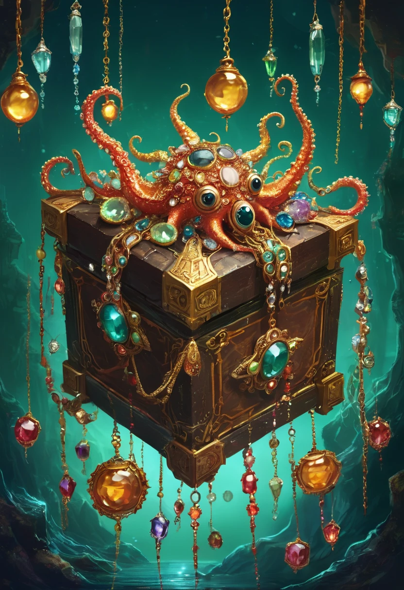 Strange box monster full of jewels - one eye - sharp teeth - ugly，Long tentacles，Scattered jewelry,greedy
